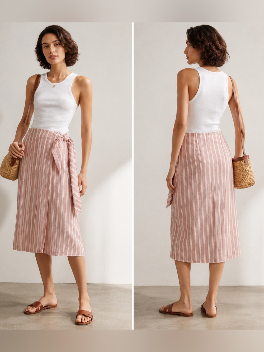 Club Monaco Red White Stripe Linen Blend Faux Wrap Midi Skirt Size 8
